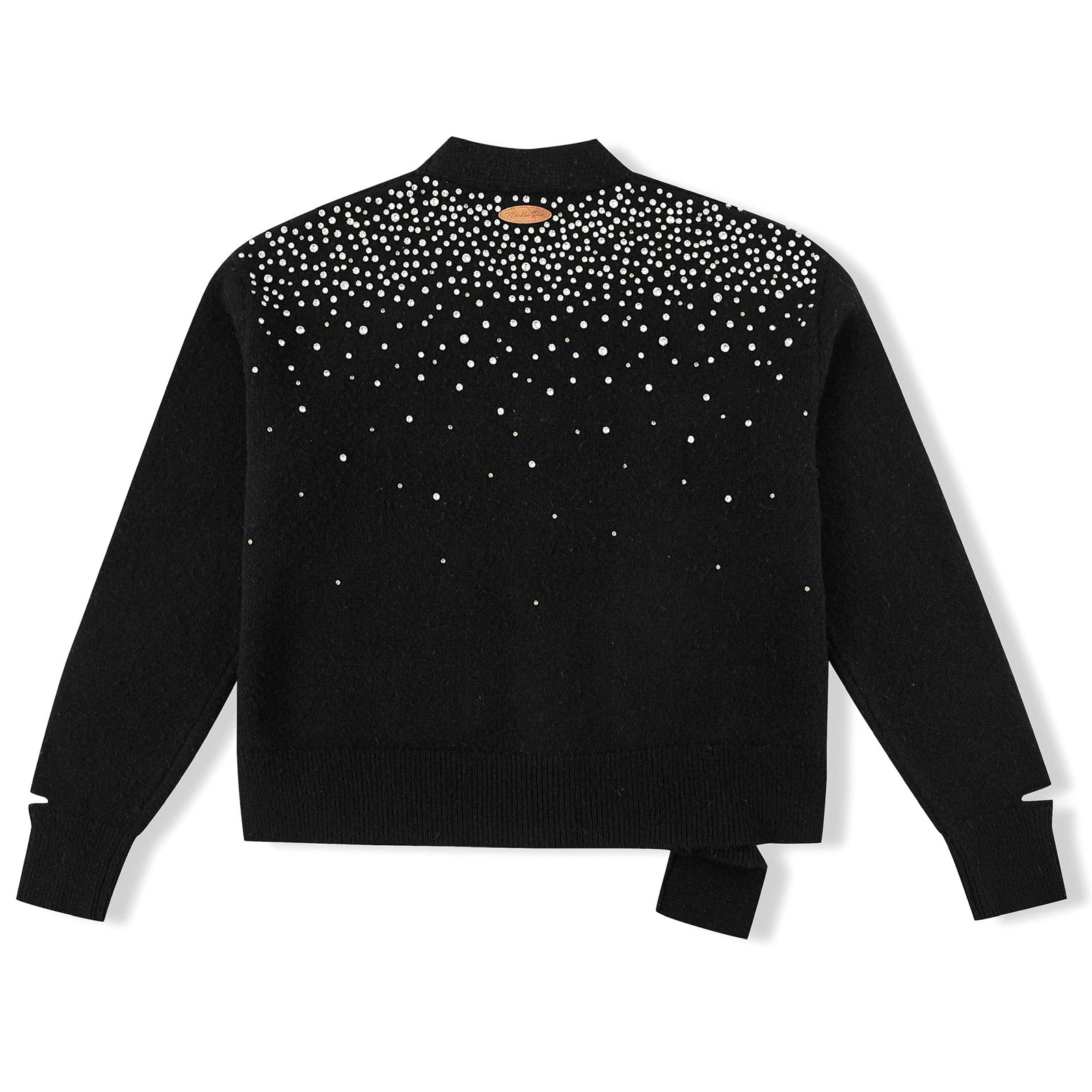 Black sweater with rhinestone embellishments on a white background