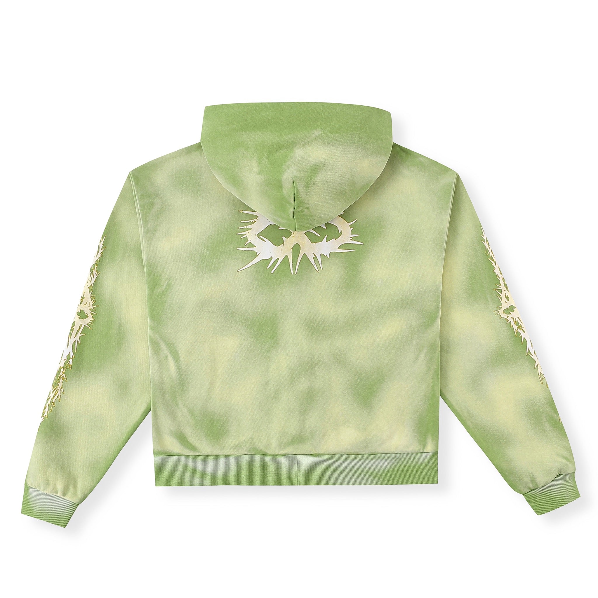 Green tie-dye hoodie with a white logo on the back against a white background