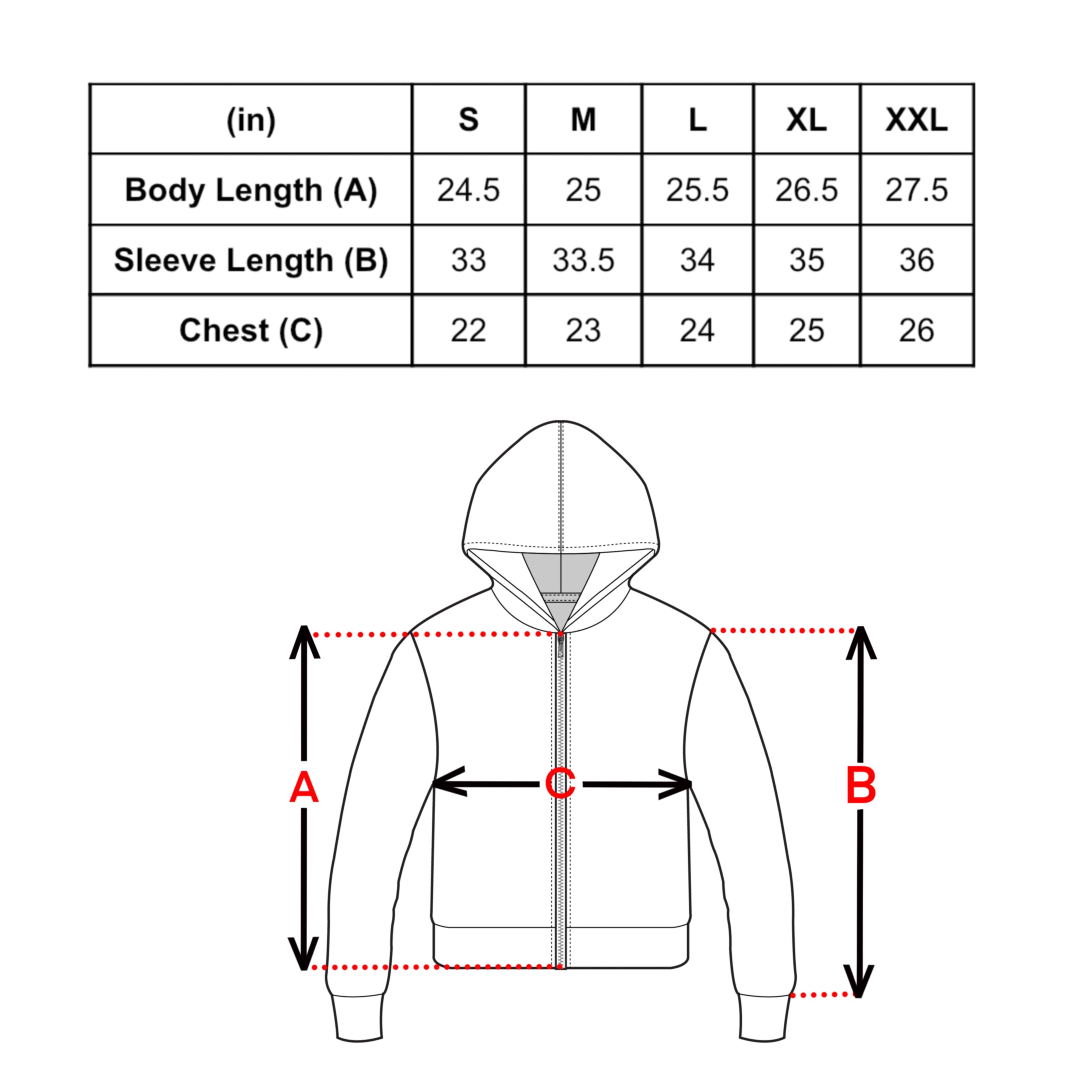 Measurement chart for a hoodie with dimensions labeled A, B, and C.